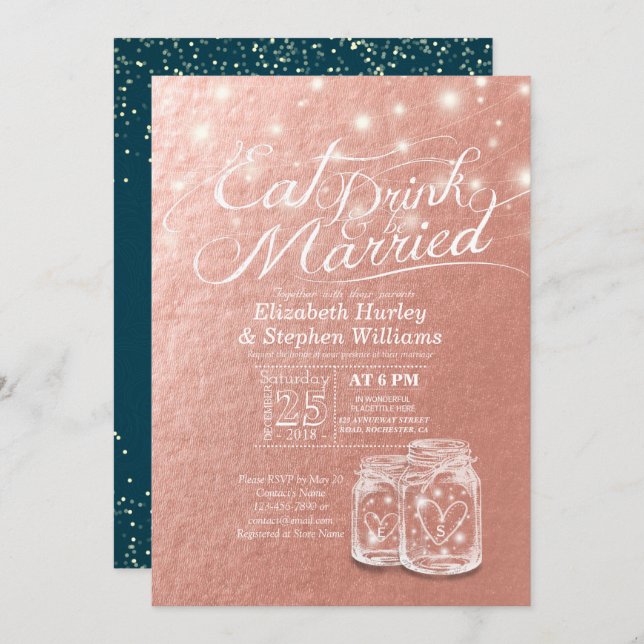 Invitación Boda come bebida y se casa con Mason Jar Rosa Gold (Anverso / Reverso)