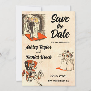 Invitación Boda cómica retro romántica pareja salva la fecha