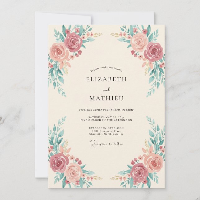 Invitación Boda con Acento Botánico Rosa Polvoriento (Anverso)