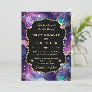 Invitación Boda con Acento de Ágata Celeste Oro y Púrpura