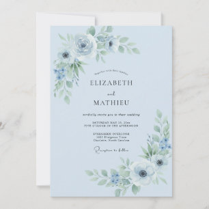 Invitación Boda con Acento de Flor de Azul Cielo