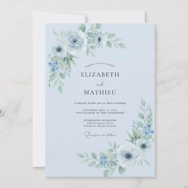 Invitación Boda con Acento de Flor de Azul Cielo (Anverso)