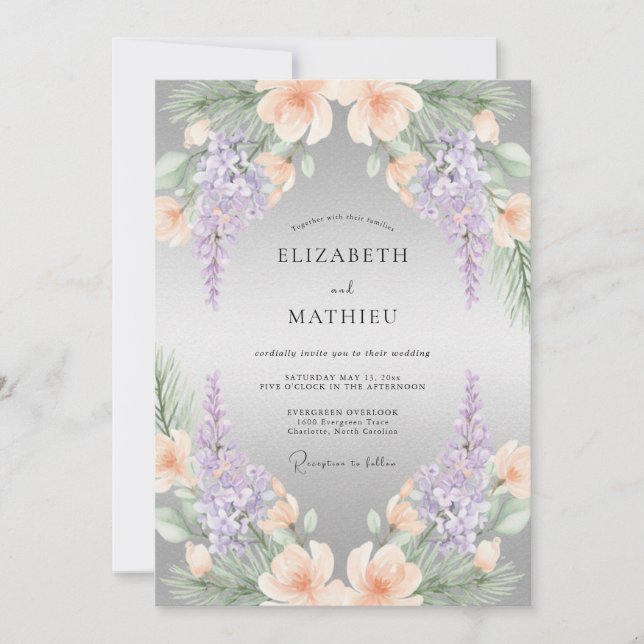 Invitación Boda con Acento de Flor de Melocotón Lavanda (Anverso)