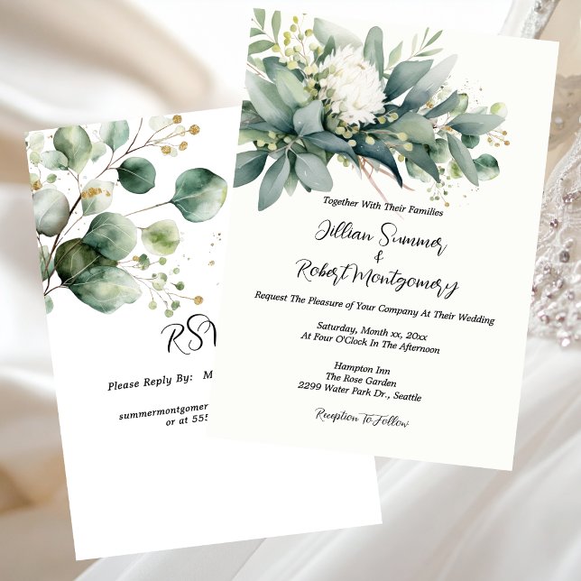 Invitación Boda con Acento Dorado de Floral Suave Verde (Soft Floral Greenery Gold Accent Wedding Invitation)