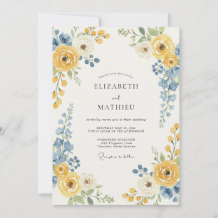 Invitación Boda con Acento Floral Azul Amarillo