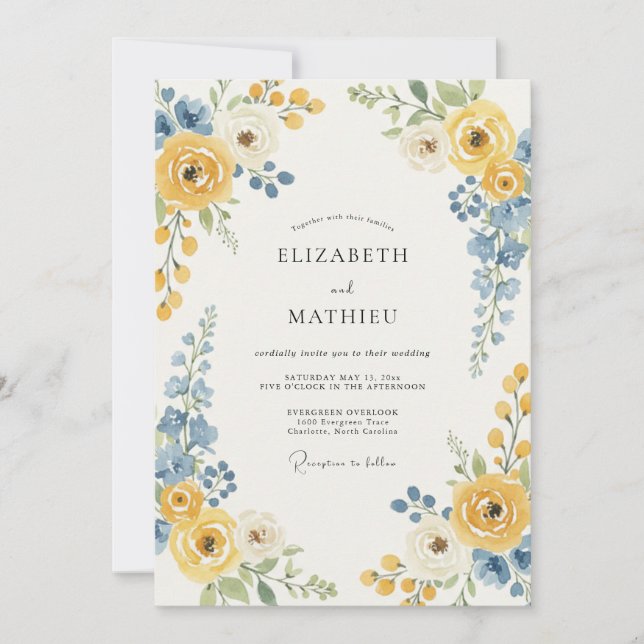 Invitación Boda con Acento Floral Azul Amarillo (Anverso)