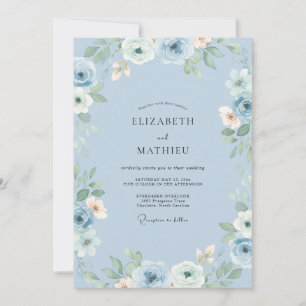 Invitación Boda con Acento Floral Azul Polvoriento