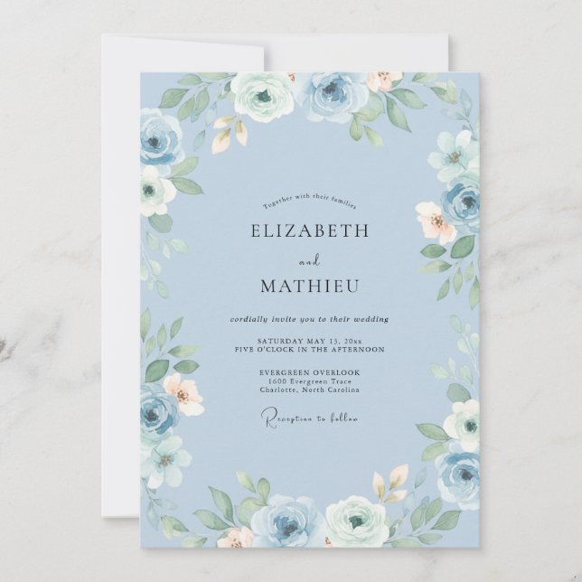 Invitación Boda con Acento Floral Azul Polvoriento (Anverso)