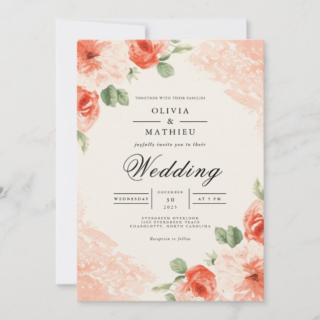 Invitación Boda con Acento Floral de Coral Suave (Anverso)