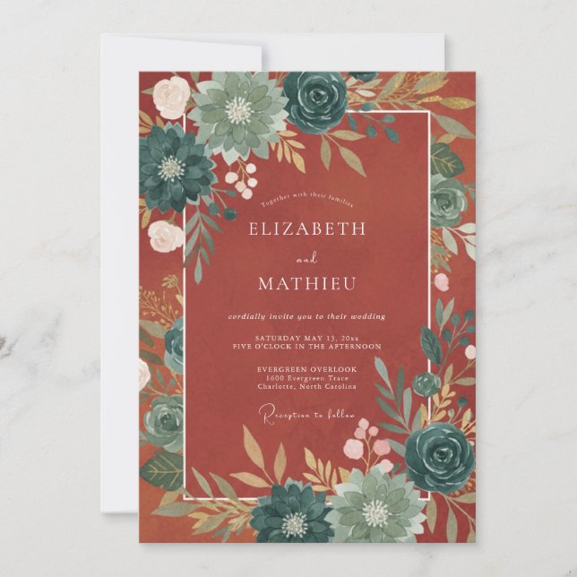Invitación Boda con Acento Floral de Otoño Turquesa (Anverso)