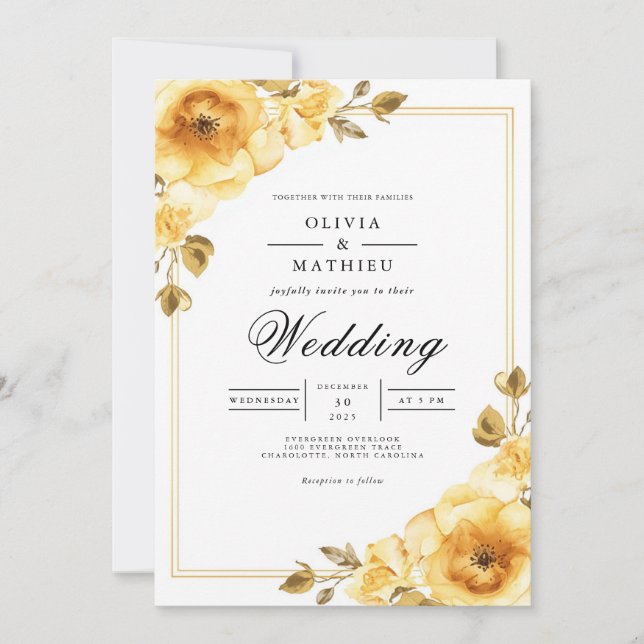 Invitación Boda con Acento Floral Dorado (Anverso)