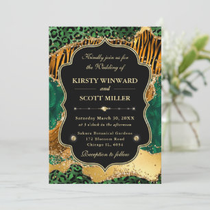 Invitación Boda con acentos de Ágata Verde y Dorado de Safari