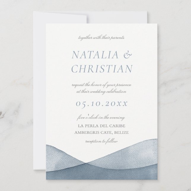Invitación Boda con Acuarela de Azul Sumergido (Anverso)