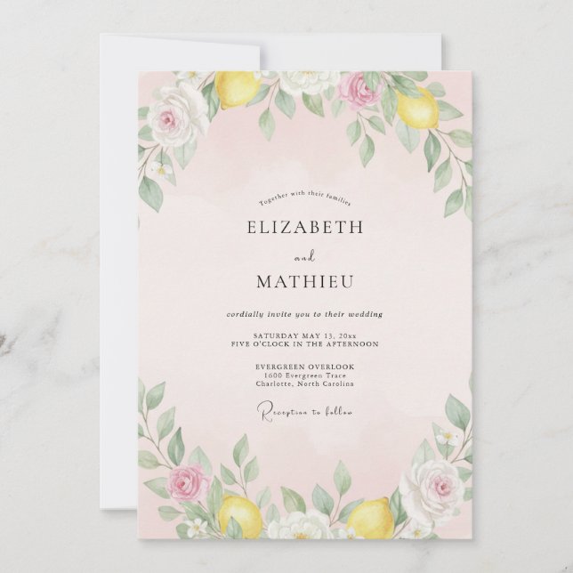 Invitación Boda con Acuarela de Citricos Pastel (Anverso)