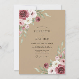 Invitación Boda con Acuarela de Color Burdeos y Beige