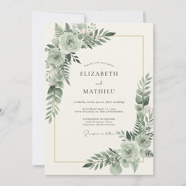 Invitación Boda con Acuarela de Follaje Celadón (Anverso)