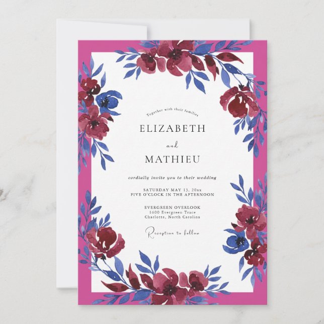 Invitación Boda con Acuarela de Fuchsia Cobalto (Anverso)