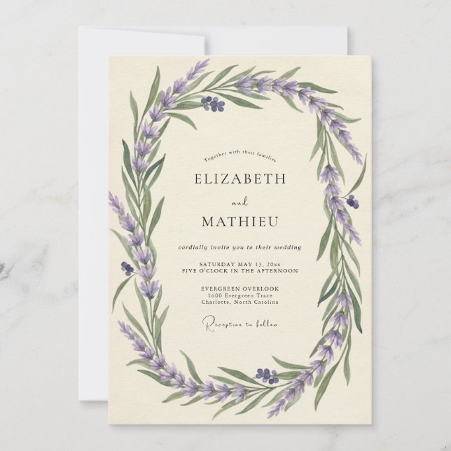 Invitación Boda con Acuarela de Lavanda Polvorienta (Anverso)