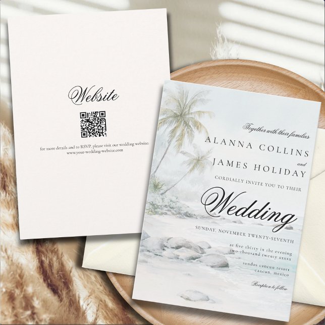 Invitación Boda con Acuarela de Palma en Playa Tropical (Subido por el creador)