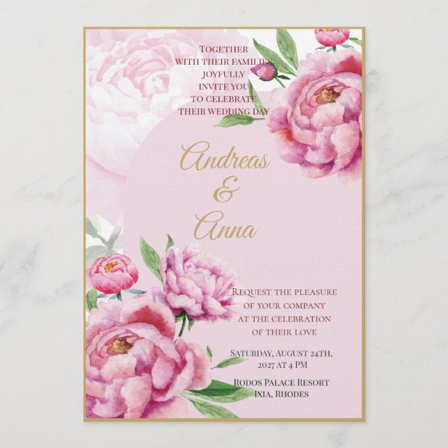 Invitación Boda con Acuarela de Peonía Rosa Rubor (Anverso)