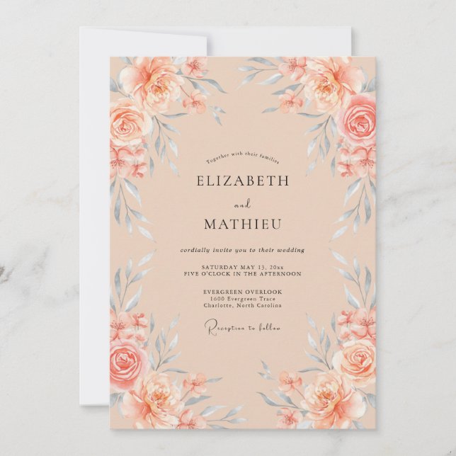 Invitación Boda con acuarela etérea de melocotón (Anverso)