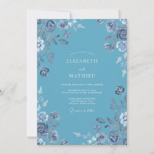 Invitación Boda con Acuarela Floral Azul Cielo