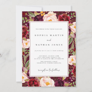 Invitación Boda con Acuarela Floral de Borgoña Exuberante