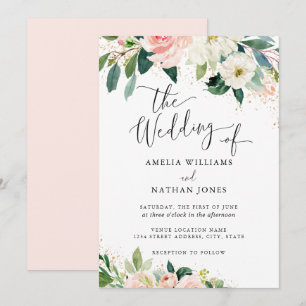 Invitación Boda con acuarela floral de melocotón rubor polvo