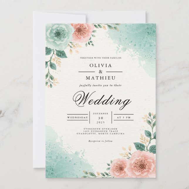 Invitación Boda con acuarela floral en durazno y verde teñido (Anverso)
