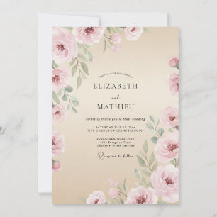 Invitación Boda con Acuarela Floral Etérea de Rosa Claro y Sa