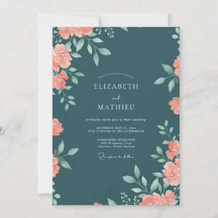 Invitación Boda con Acuarela Floral Melocotón Verde Teal Oscu