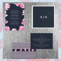Boda con Acuarela Floral Rosa y Azul Marino