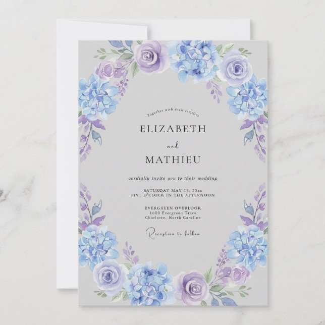 Invitación Boda con Acuarela Lujuriosa de Periwinkle (Anverso)