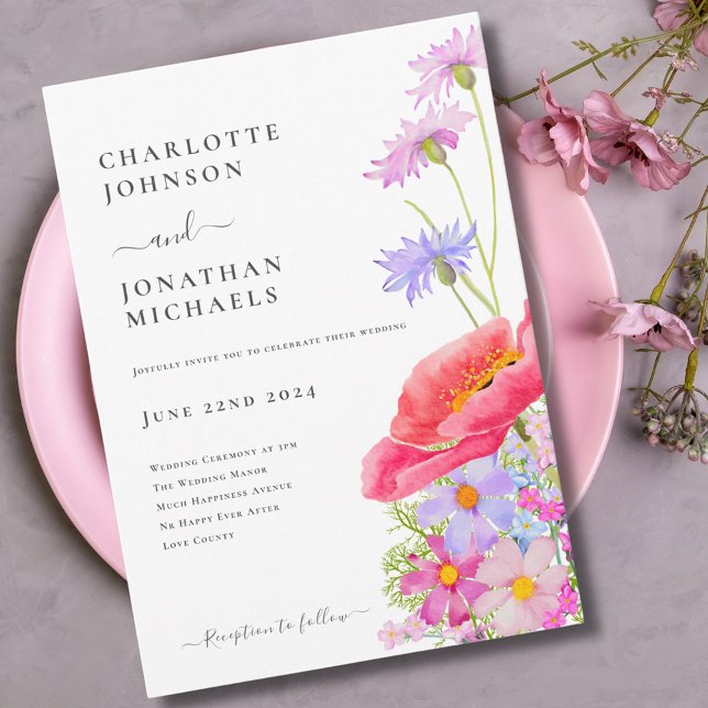 Invitación Boda con Acuarela Pastel de Flores Silvestres Mode (Modern wildflower pastel watercolor pink purple wedding invitation )