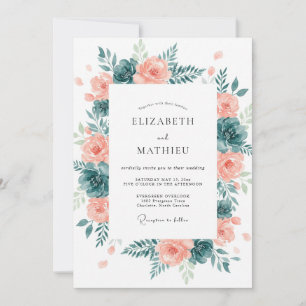 Invitación Boda con Acuarela Romántica en Melocotón y Turques