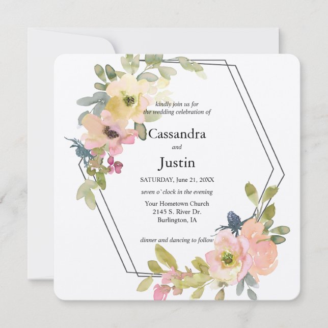 Invitación Boda con acuarela rosada y limón (Anverso)