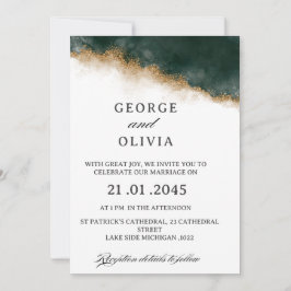 Invitación Boda con Acuarela Verde Oscuro y Dorado