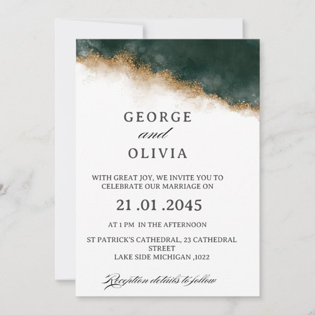 Invitación Boda con Acuarela Verde Oscuro y Dorado   (Anverso)