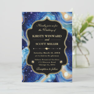 Invitación Boda con Ágata Celeste y Acentos Azules y Dorados