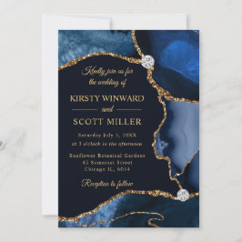 Invitación Boda con Ágata de Brillo Falso Azul Marino y Dorad