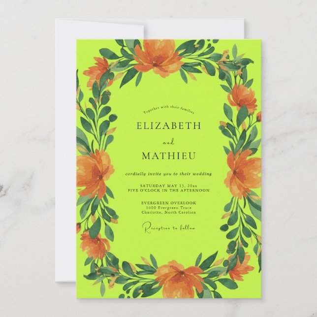 Invitación Boda con amapola naranja Chartreuse (Anverso)