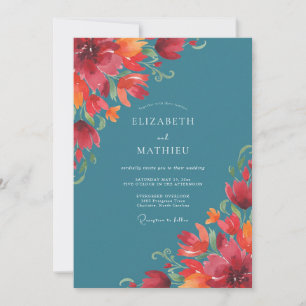 Invitación Boda con amapola naranja y azul verde