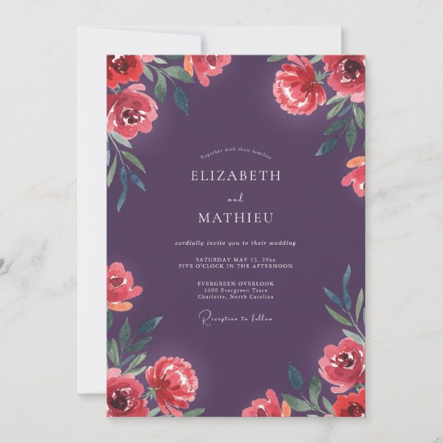 Invitación Boda con Amapolas Moradas Profundas (Anverso)