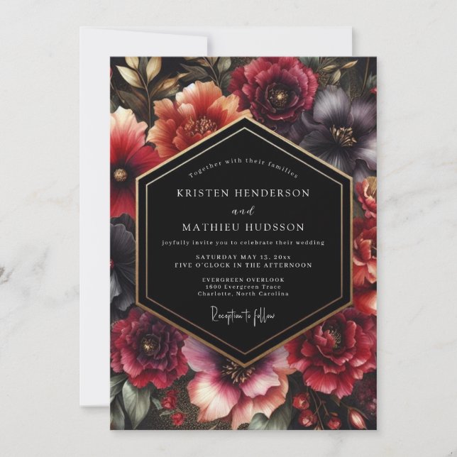 Invitación Boda con ambiente floral de Borgoña (Anverso)