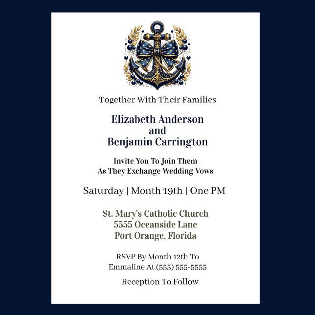 Invitación Boda con Ancla Náutica Azul y Dorada (Nautical blue and gold anchor wedding invitation with photo elegant seaside theme
)