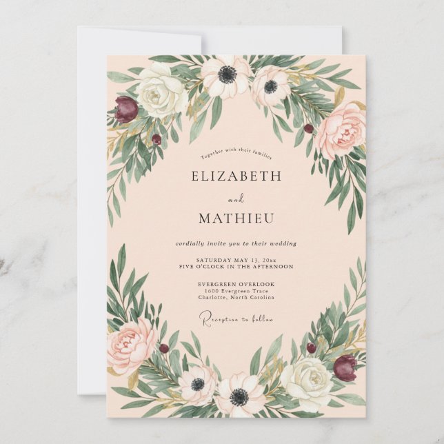 Invitación Boda con Anémona Crema Borgoña (Anverso)