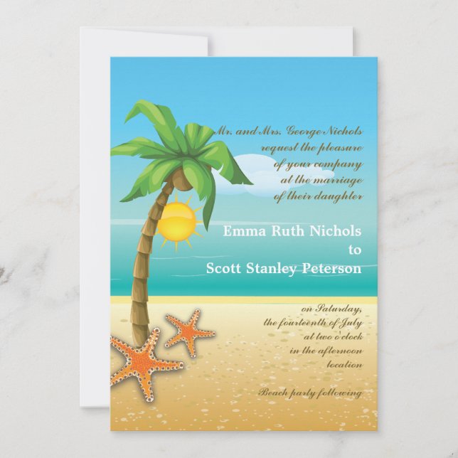Invitación Boda con árbol de palma y playa de pez estrella (Anverso)