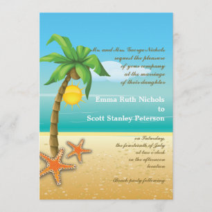 Invitación Boda con árbol de palma y playa de pez estrella