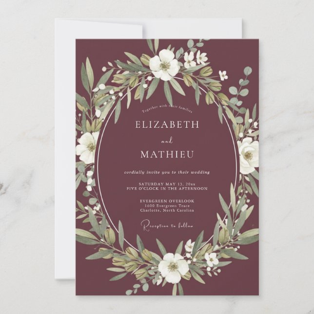 Invitación Boda con arco botánico de Borgoña (Anverso)