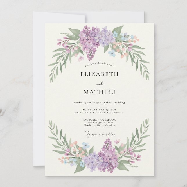Invitación Boda con Arco Botánico de Lilas (Anverso)